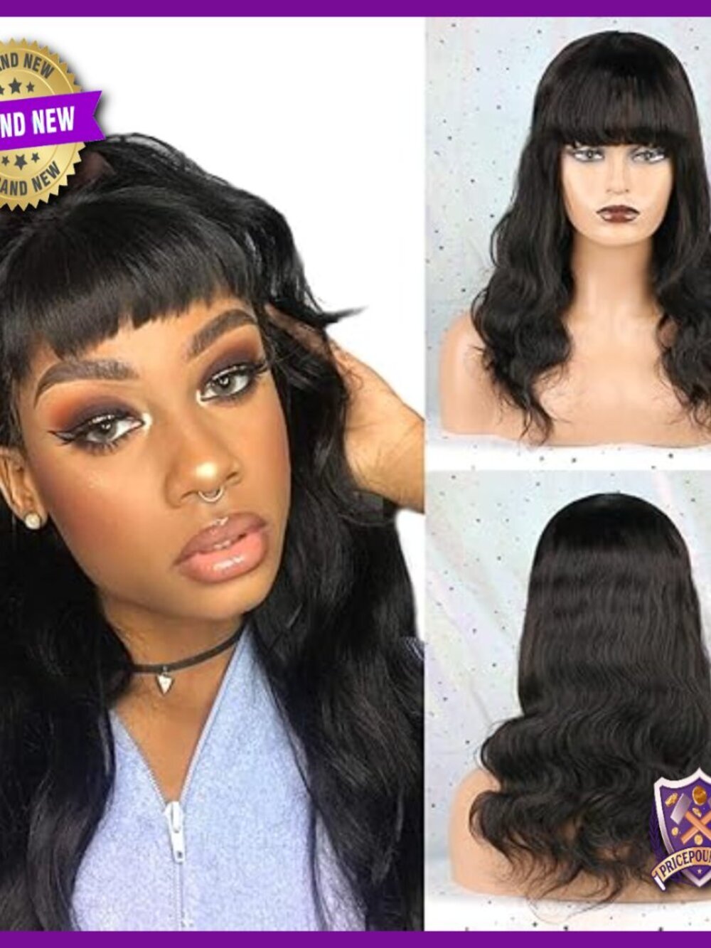 20 Inch Brazilian Body Wave Human Hair Wig with Fringe, Virgin Hair